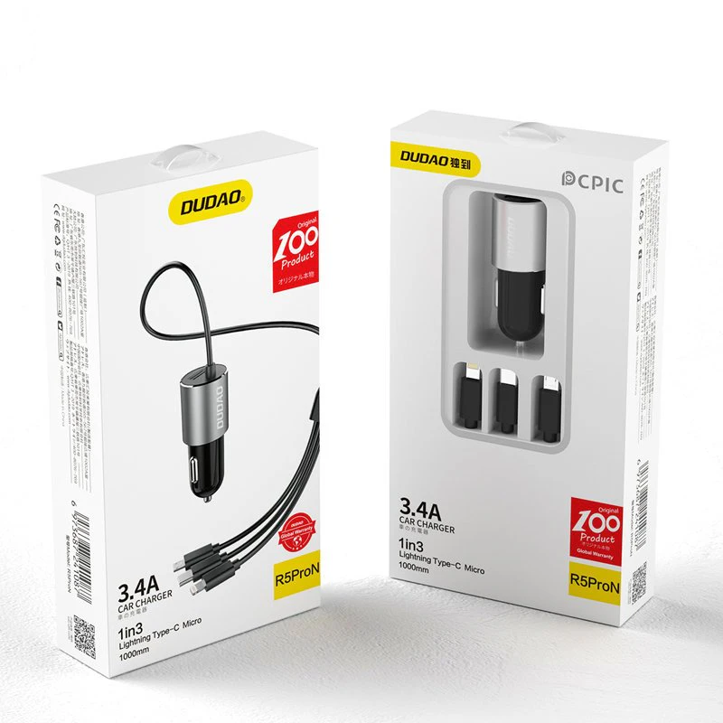 3w1 ładowarka samochodowa USB + wbudowany kabel Lightning USB-C micro USB czarny 1